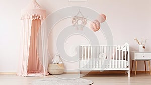 White woolen blanket and pastel pink pompom and wooden crib with canopy in bright baby room interior, Generative AI