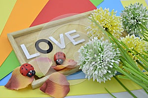 White word and black O on colourfull background.green, yellow and white artificial flower placed on right. red ladybird