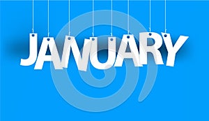 White word JANUARY - word hanging on the ropes on blue background. New year illustration.