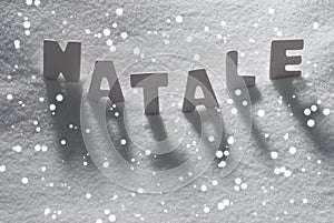 White Word Natale Mean Christmas On Snow, Snowflakes photo