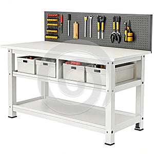 White workbench with storage and pegboard tools on white background work table workshop