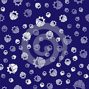 White Worker safety helmet and gear icon isolated seamless pattern on blue background. Vector Illustration