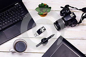 White working table with office equipment. Flat lay