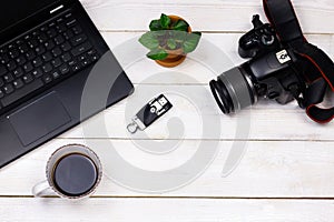 White working table with office equipment. Flat lay