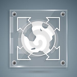 White World globe with compass icon isolated on grey background. Square glass panels. Vector
