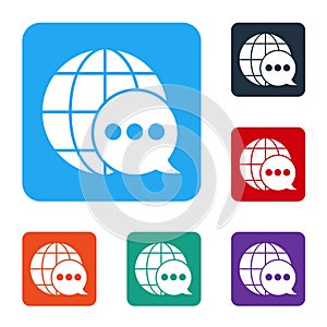 White World map made from speech bubble icon isolated on white background. Global communication scheme on Earth. Set