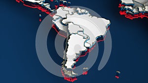 White World Map with South America Continent, Gold Borders and Red Outline on Blue Background.