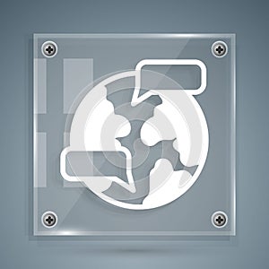 White Worldwide icon isolated on grey background. Pin on globe. Square glass panels. Vector