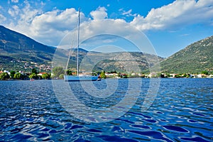 White Yacht in Gulf of Corinth Bay, Greece