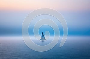 White yacht with sail,ship in the sea,blue sea,lonely sailboat,fog in sea blue
