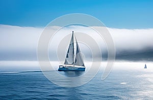 White yacht with sail,ship in the sea,blue sea,lonely sailboat,fog in sea blue