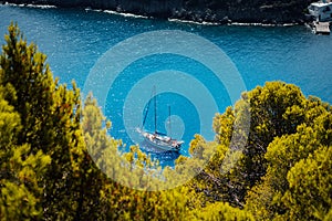 White yacht take a shelter in beautiful blue lagoon of Assos village Kefalonia. Frame between top of the green pine