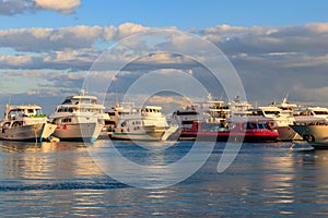 White yachts in sea harbor of Hurghada, Egypt. Port with tourist boats on the Red Sea