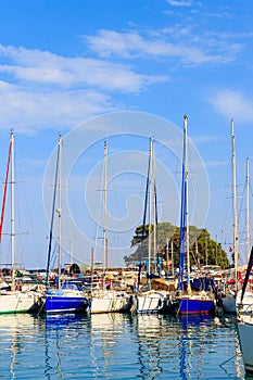 White yachts in sea harbor of Kemer, Antalya province in Turkey. Kemer Marina on the Mediterranean sea