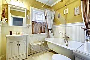 White and yellow antique bathroom interior