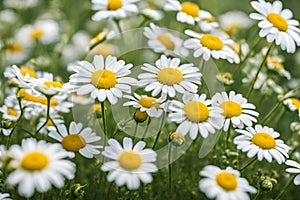 White and yellow daisy wild flower field on natural blurred background, selective focus.