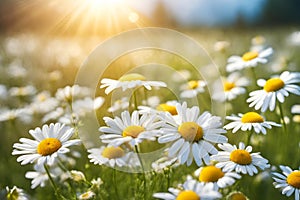 White and yellow daisy wild flower field on natural blurred background, selective focus.