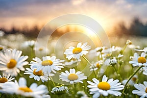 White and yellow daisy wild flower field on natural blurred background, selective focus.