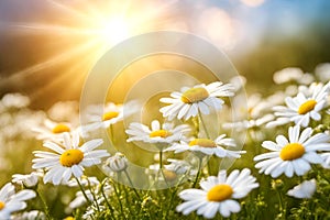 White and yellow daisy wild flower field on natural blurred background, selective focus.