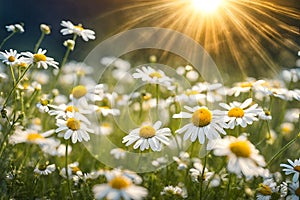 White and yellow daisy wild flower field on natural blurred background, selective focus.