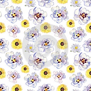 White and yellow flowers. Abstract elegance seamless pattern with floral background