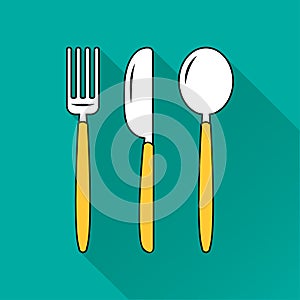 White and yellow fork, spoon and knife. Vector illustration