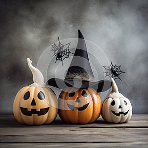 White and yellow ghost pumpkins with witch hat