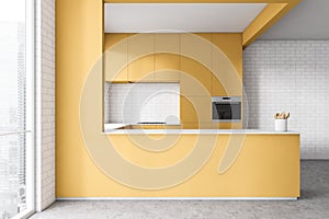 White and yellow kitchen interior with cupboards