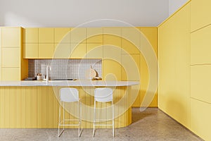 White and yellow kitchen interior with island