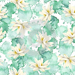 White and yellow Lotus flower on green water splashes watercolor seamless pattern for yoga centers, bed linen