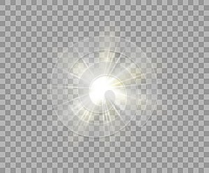 White and yellow luminous transparent light. Vector Christmas star, a bright flash of light. Glitter element isolated background.