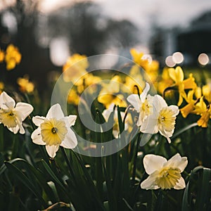 White and yellow Narcissus jonquil flowers beside trees in a garden