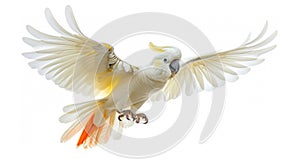 A white and yellow parrot is flying in the air