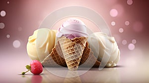 White, yellow and Pinkberry Ice cream in the cone with abstract light purple background. Ice cream summer baclground. Generative photo