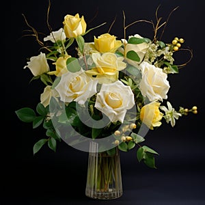 White And Yellow Rose Flower Arrangement: Realistic Still Life With Dramatic Lighting