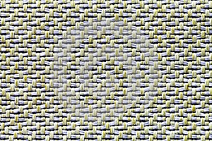 White and yellow vintage fabric with woven texture closeup. Textile macro background