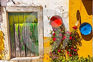 White Yellow Wall Green Door Mediieval City Obidos Portugal