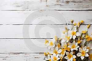 white and yellow wildflowers in a pot on a background of a white painted board, generated by AI, generative assistant,