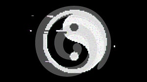 White Yin Yang symbol on black background with 8bit effect and glitch effect in seamless loop