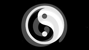 White Yin Yang symbol on a black background with blinking and displacing old fashion retro cinema effect in seamless