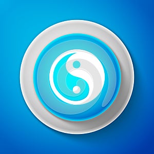 White Yin Yang symbol of harmony and balance icon isolated on blue background. Circle blue button with white line