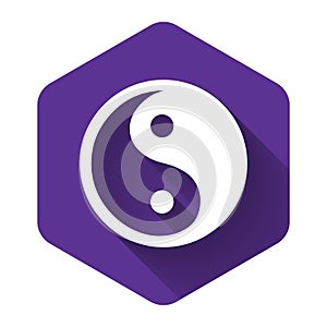 White Yin Yang symbol of harmony and balance icon isolated with long shadow. Purple hexagon button