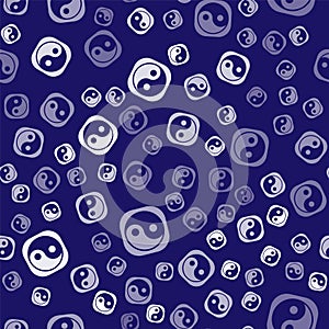 White Yin Yang symbol of harmony and balance icon isolated seamless pattern on blue background. Vector Illustration