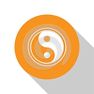White Yin Yang symbol of harmony and balance icon isolated on white background. Orange circle button. Vector