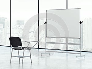 Whiteboard and chair in the empty room. Individual sessions concept. 3d rendering