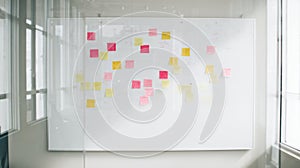 Whiteboard With Colorful Sticky Notes In Office. Brainstorming And Idea Organization
