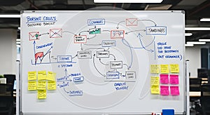 Whiteboard with a complex flowchart and sticky notes in an office setting