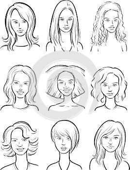 Whiteboard drawing - beautiful women cartoon faces set