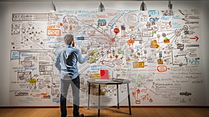 A whiteboard flooded with written strategies, market trends, and potential risks