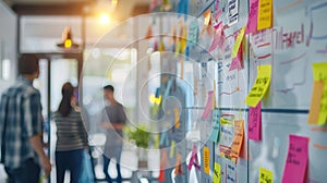 Whiteboard Full of Colorful Sticky Notes in Dynamic Work Environment